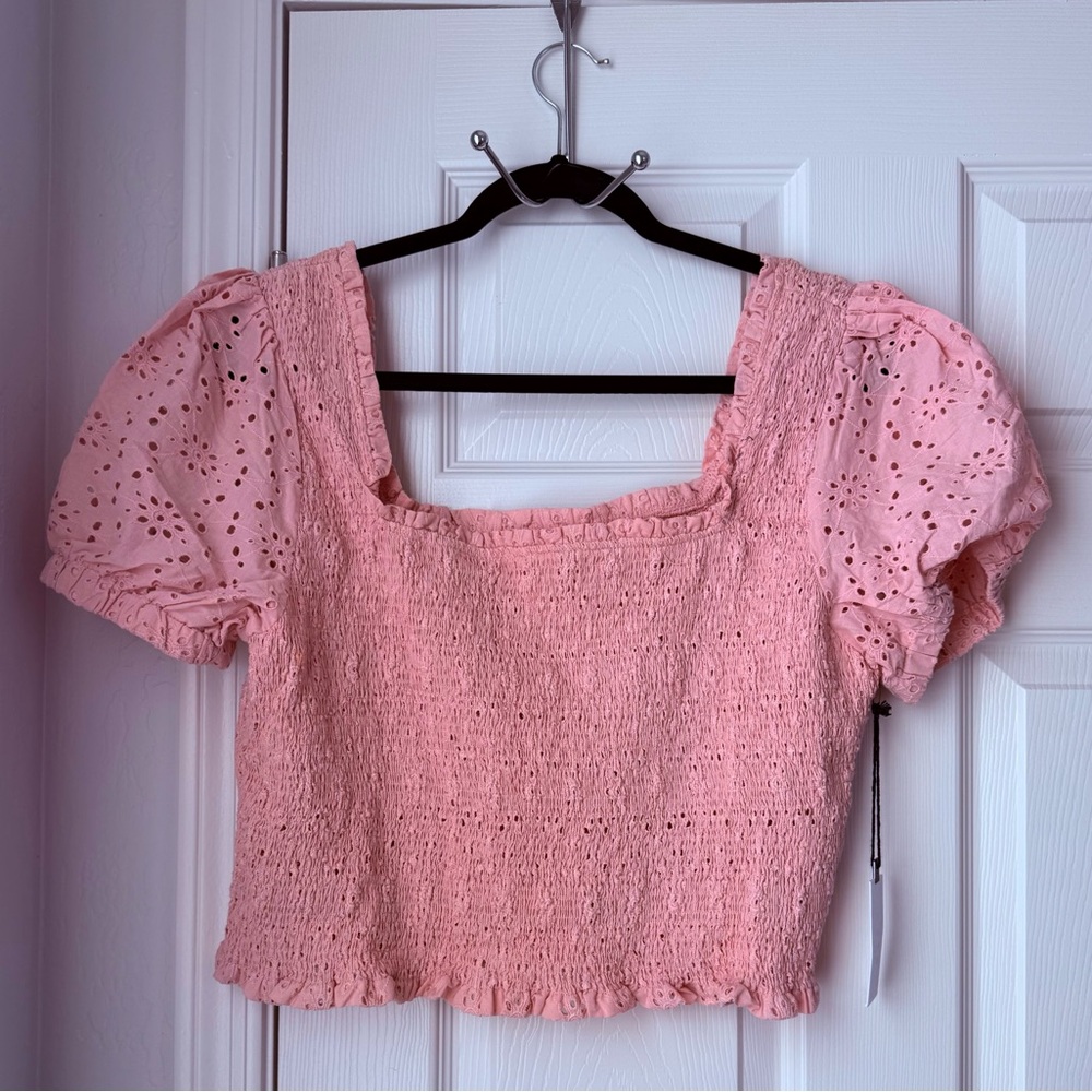 Astr Pink Eyelet Smocked Blouse